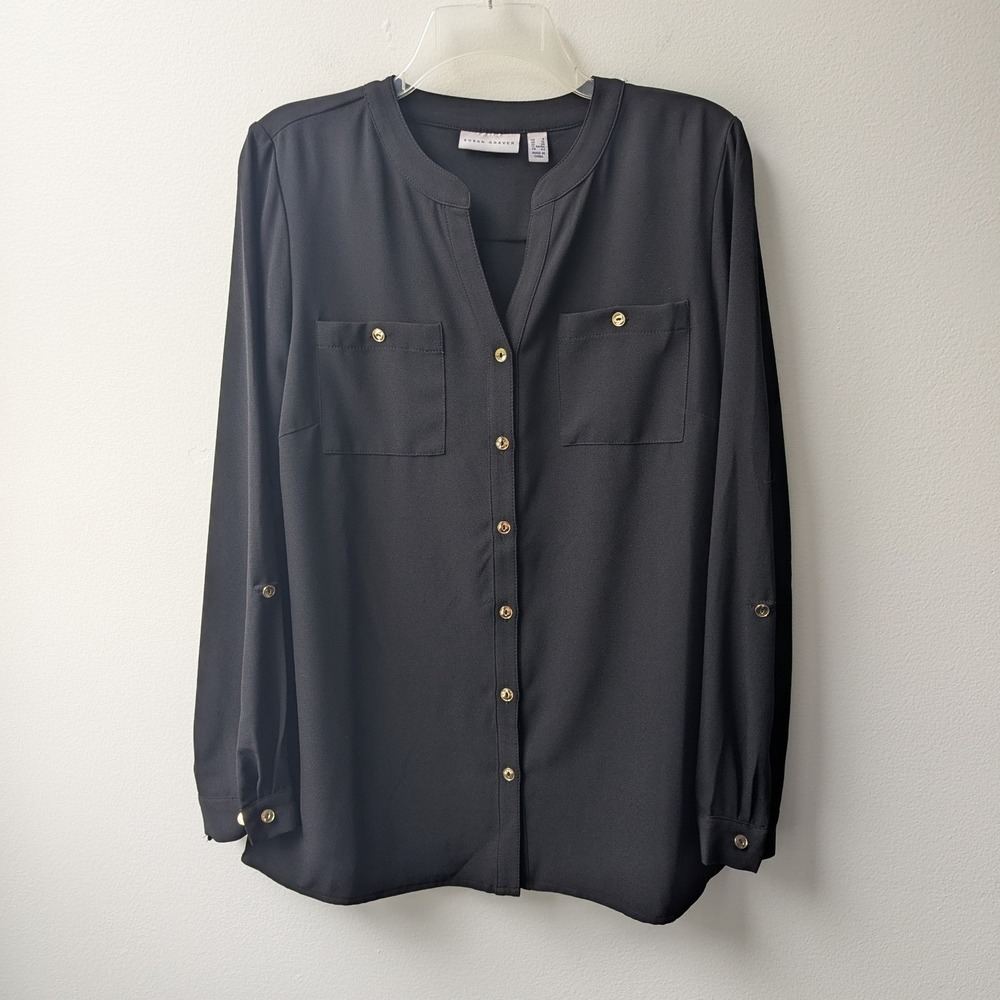Susan Graver Blouse Black Liquid Knit Gold Button Long Sleeve 8 Minimalist Chic
